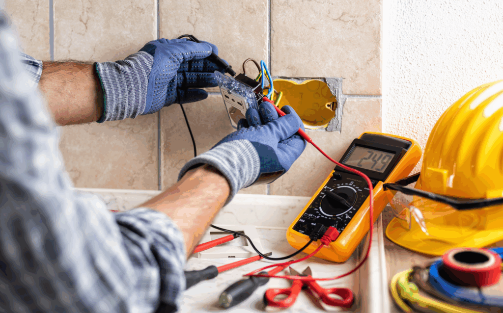 Worker testing circuit breakers during an electrical safety assessment