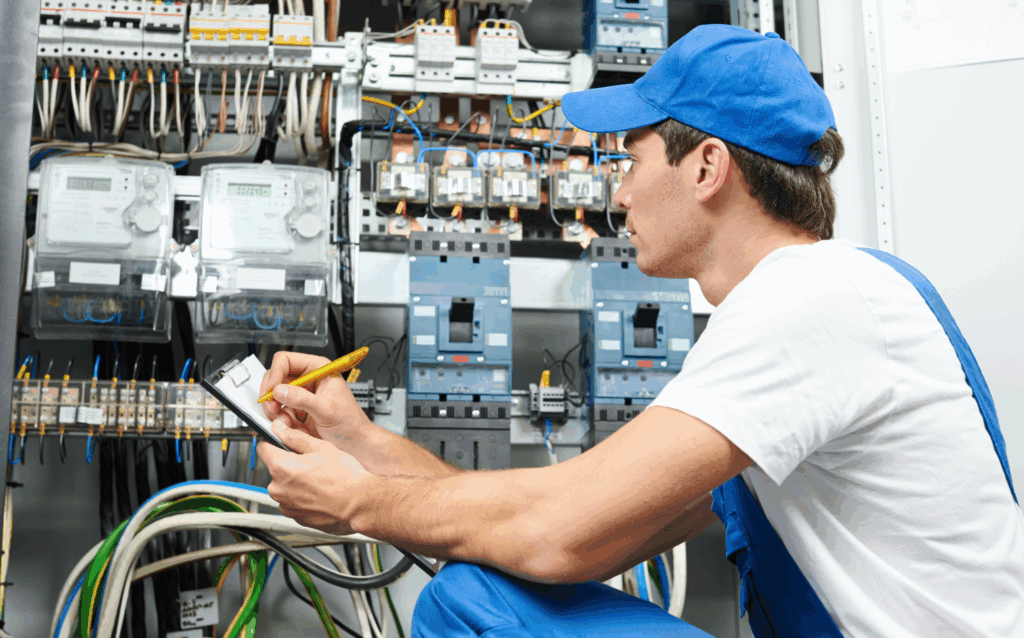 Licensed electrician performing a home electrical inspection in Denver